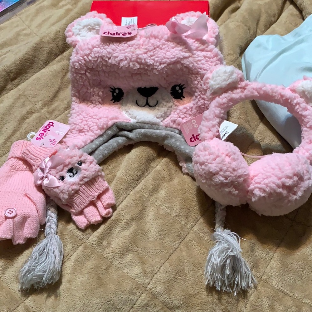 Lot of 3 pink bear Claire’s hat/earmuffs/gloves